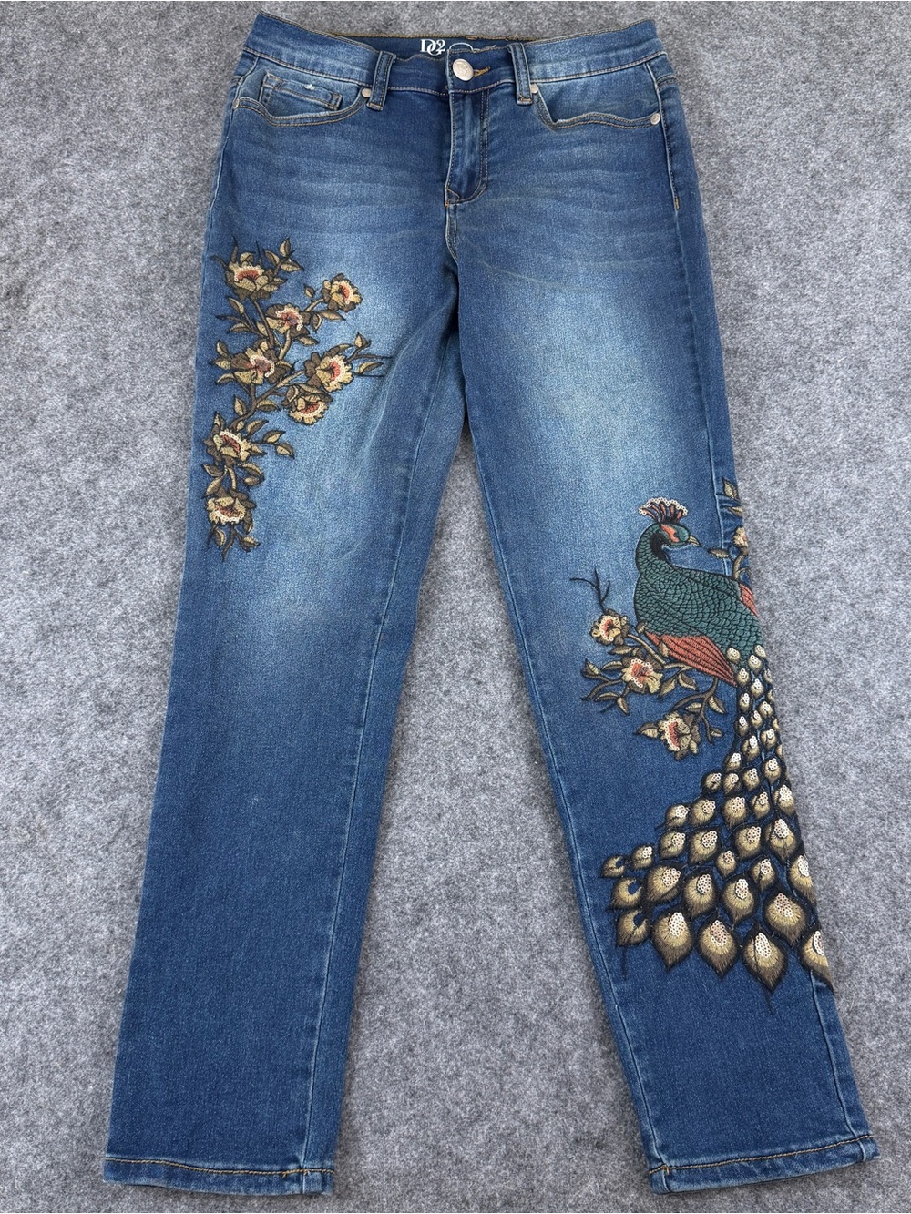 DG2 Diane Gilman Embroidered Peacock Floral Blue Jeans for Women Size 6P